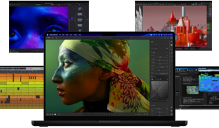 Varias imágenes con contenido colorido de apps de producción de música, edición de video, animación 3D y edición de fotos en una Mac que muestran el potente rendimiento gráfico