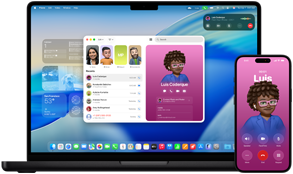 Una MacBook Pro de 14 pulgadas y un iPhone 16: el iPhone hace una llamada a un contacto llamado Luis, mientras la MacBook Pro muestra la misma llamada en la app Teléfono