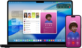 Una MacBook Pro de 14 pulgadas y un iPhone 16: el iPhone hace una llamada a un contacto llamado Luis, mientras la MacBook Pro muestra la misma llamada en la app Teléfono