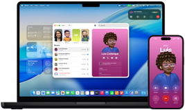 Una MacBook Pro de 14 pulgadas y un iPhone 16: el iPhone hace una llamada a un contacto llamado Luis, mientras la MacBook Pro muestra la misma llamada en la app Teléfono