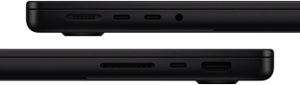 Vista de los puertos de la MacBook Pro, lado izquierdo: MagSafe 3, dos puertos Thunderbolt y entrada para audífonos, lado derecho: ranura para tarjeta SDXC, un puerto Thunderbolt y puerto HDMI