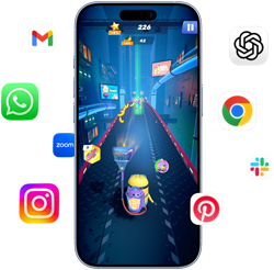 iPhone, la pantalla muestra el juego Minion Rush, teléfono con íconos de apps alrededor: Gmail, WhatsApp, Zoom, Instagram, ChatGPT, Google Chrome, Slack y Pinterest