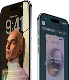 Dos dispositivos iPhone Air en distintos ángulos muestran dos pantallas de iOS 26 distintas: fondo de pantalla e Inteligencia Visual