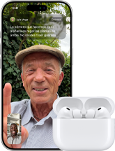 iPhone, la pantalla muestra una llamada de FaceTime entre dos personas y un par de AirPods Pro 3 conectados