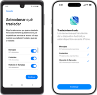 Un dispositivo Android transfiriendo datos y un iPhone con la app Trasladar a iOS abierta que muestra una transferencia de datos completa