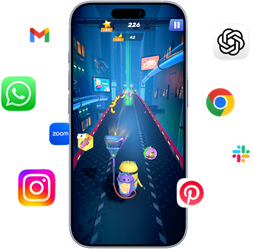 iPhone, la pantalla muestra el juego Minion Rush, teléfono con íconos de apps alrededor: Gmail, WhatsApp, Zoom, Instagram, ChatGPT, Google Chrome, Slack y Pinterest