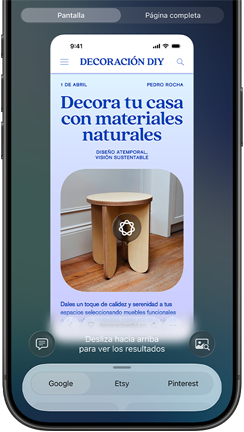 iPhone 17 Pro, frente, la pantalla muestra un sitio web con la foto de un mueble identificado con Inteligencia Visual
