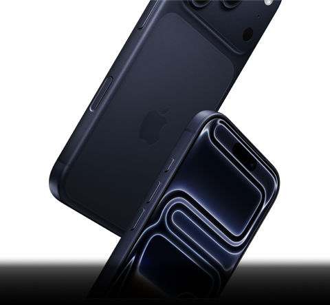 Dos dispositivos iPhone 17 Pro en azul profundo, uno de frente y otro visto por atrás, que caen para mostrar su resistencia por todos lados