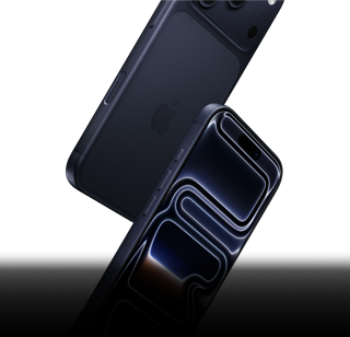 Dos dispositivos iPhone 17 Pro en azul profundo, uno de frente y otro visto por atrás, que caen para mostrar su resistencia por todos lados