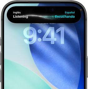 iPhone 17 Pro, frente, se destaca la interfaz de la Dynamic Island con una traducción de inglés a alemán