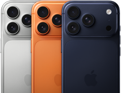 Tres modelos de iPhone 17 Pro, parte posterior, color plata, naranja cósmico y azul profundo, superpuestos, se ven parcialmente. Los 3 modelos tienen un sistema de cámaras Pro Fusion en la esquina superior izquierda, 3 lentes, micrófono, flash, logo de Apple en el centro