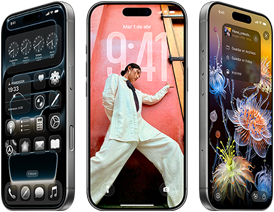 Tres dispositivos iPhone 17 Pro en distintos ángulos muestran tres pantallas de iOS 26 distintas: pantalla de inicio con Liquid Glass, fondo de pantalla y Fotos