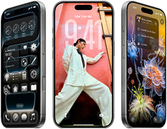 Tres dispositivos iPhone 17 Pro en distintos ángulos muestran tres pantallas de iOS 26 distintas: pantalla de inicio con Liquid Glass, fondo de pantalla y Fotos