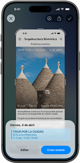 iPhone 17 Pro, captura de pantalla de un evento y una ventana emergente inteligente de Calendario con detalles que se completan automáticamente