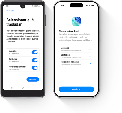 Un dispositivo Android transfiriendo datos y un iPhone con la app Trasladar a iOS abierta que muestra una transferencia de datos completa