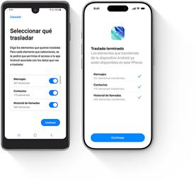 Un dispositivo Android transfiriendo datos y un iPhone con la app Trasladar a iOS abierta que muestra una transferencia de datos completa