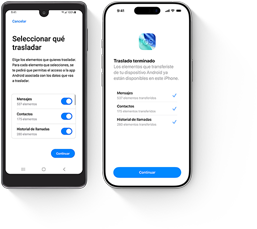 Un dispositivo Android transfiriendo datos y un iPhone con la app Trasladar a iOS abierta que muestra una transferencia de datos completa