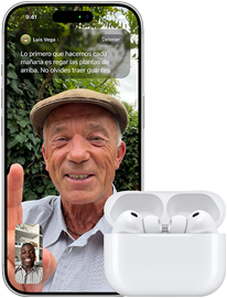 iPhone, la pantalla muestra una llamada de FaceTime entre dos personas y un par de AirPods Pro 3 conectados