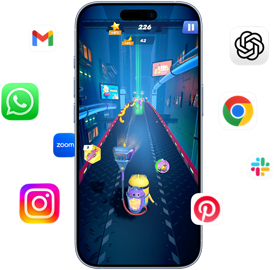 iPhone, la pantalla muestra el juego Minion Rush, teléfono con íconos de apps alrededor: Gmail, WhatsApp, Zoom, Instagram, ChatGPT, Google Chrome, Slack y Pinterest