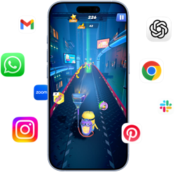 iPhone, la pantalla muestra el juego Minion Rush, teléfono con íconos de apps alrededor: Gmail, WhatsApp, Zoom, Instagram, ChatGPT, Google Chrome, Slack y Pinterest