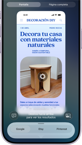 iPhone 17, frente, la pantalla muestra un sitio web con la foto de un mueble identificado con Inteligencia Visual