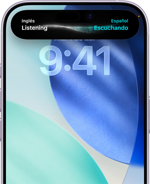 iPhone 17, frente, se destaca la interfaz de la Dynamic Island con una traducción de inglés a español