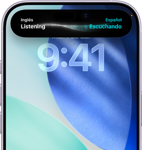 iPhone 17, frente, se destaca la interfaz de la Dynamic Island con una traducción de inglés a español