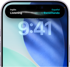 iPhone 17, frente, se destaca la interfaz de la Dynamic Island con una traducción de inglés a español