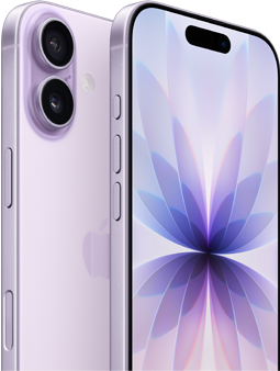iPhone 17, parte posterior, color lavanda, sistema de dos cámaras Fusion en la parte superior izquierda, logo de Apple en el centro, parte frontal, color lavanda, Dynamic Island en el centro de la parte superior