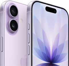 iPhone 17, parte posterior, color lavanda, sistema de dos cámaras Fusion en la parte superior izquierda, logo de Apple en el centro, parte frontal, color lavanda, Dynamic Island en el centro de la parte superior