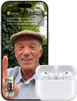 iPhone, la pantalla muestra una llamada de FaceTime entre dos personas y un par de AirPods Pro 3 conectados