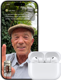 iPhone, la pantalla muestra una llamada de FaceTime entre dos personas y un par de AirPods Pro 3 conectados