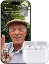 iPhone, la pantalla muestra una llamada de FaceTime entre dos personas y un par de AirPods Pro 3 conectados