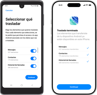 Un dispositivo Android transfiriendo datos y un iPhone con la app Trasladar a iOS abierta que muestra una transferencia de datos completa