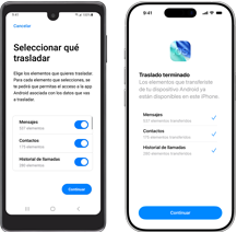 Un dispositivo Android transfiriendo datos y un iPhone con la app Trasladar a iOS abierta que muestra una transferencia de datos completa