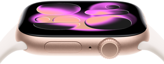Apple Watch Series 11, caja de aluminio color oro rosa, carátula Responsive Art, parte lateral derecha: Digital Crown, micrófono, botón lateral, correa deportiva rosa rubor