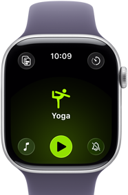 Apple Watch Series 11, caja de aluminio color plata, entrenamiento de Yoga en la pantalla, parte lateral derecha: Digital Crown, correa deportiva morado niebla