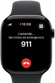 Apple Watch Series 11, caja de aluminio negro azabache, llamada de emergencia en la pantalla, parte lateral derecha: Digital Crown, correa deportiva negra