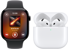 Apple Watch Series 11, caja de titanio color pizarra, correa deportiva negra, app Apple Music abierta, enlazado con unos AirPods 4