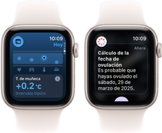 Dos dispositivos Apple Watch SE 3 con cajas de aluminio blanco estelar muestran la app Signos Vitales en pantalla