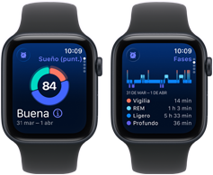 Dos Apple Watch SE 3 con caja de aluminio color medianoche muestran la Puntuación de Sueño y una notificación de posible apnea del sueño en pantalla